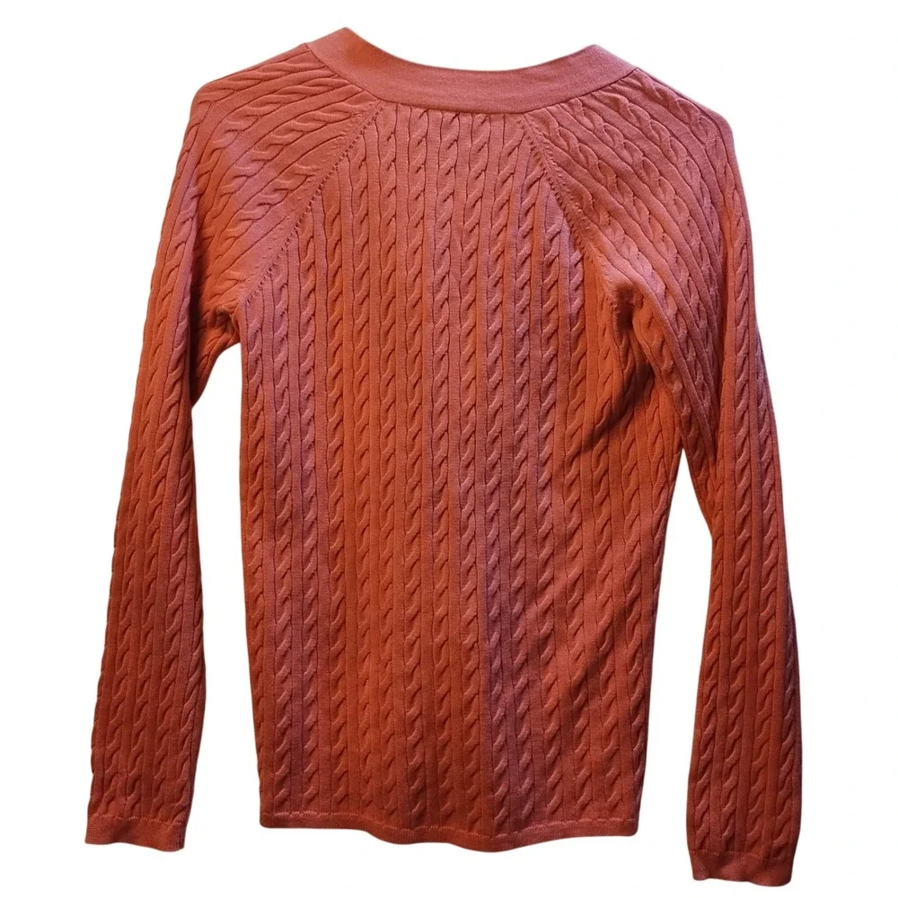 Talbots Petites Cable Knit Cardigan Sz M Coral Button‎ Sweater Preppy Layers